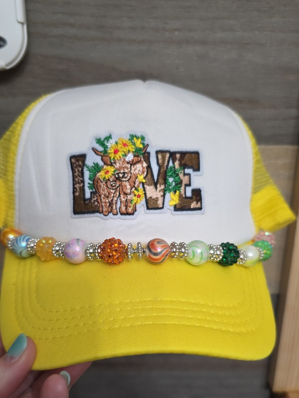 Yellow & White Womans Trucker Hat with LOVE Embroidery